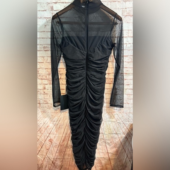 Lulus Impressive Flirt Black Mesh Ruched Mock Neck Midi Dress Black Size Large - Picture 3 of 4